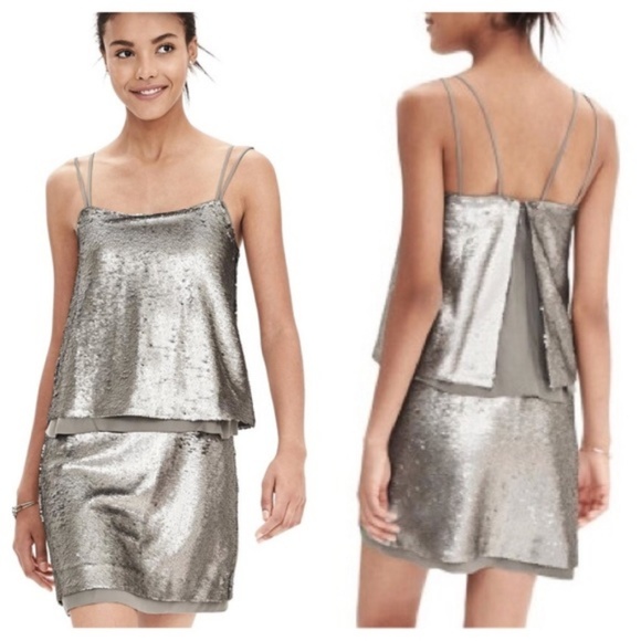 Banana Republic Silver Sequin Layered Dress Petite - Picture 1 of 7